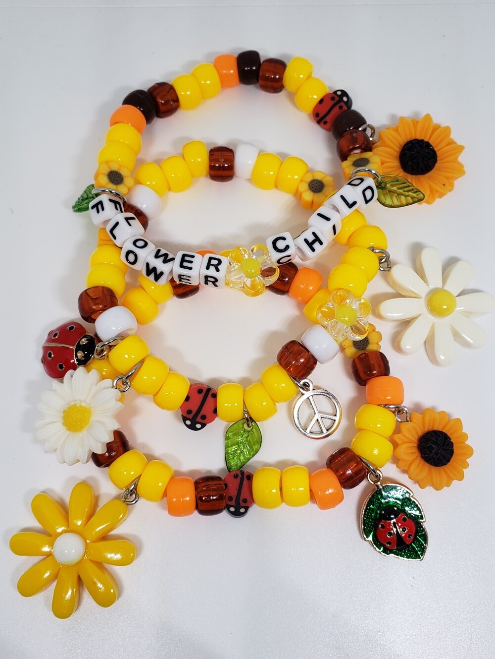 Handmade Sunflower Peace Hippie Flower Child Stackable Kandi Bracelets